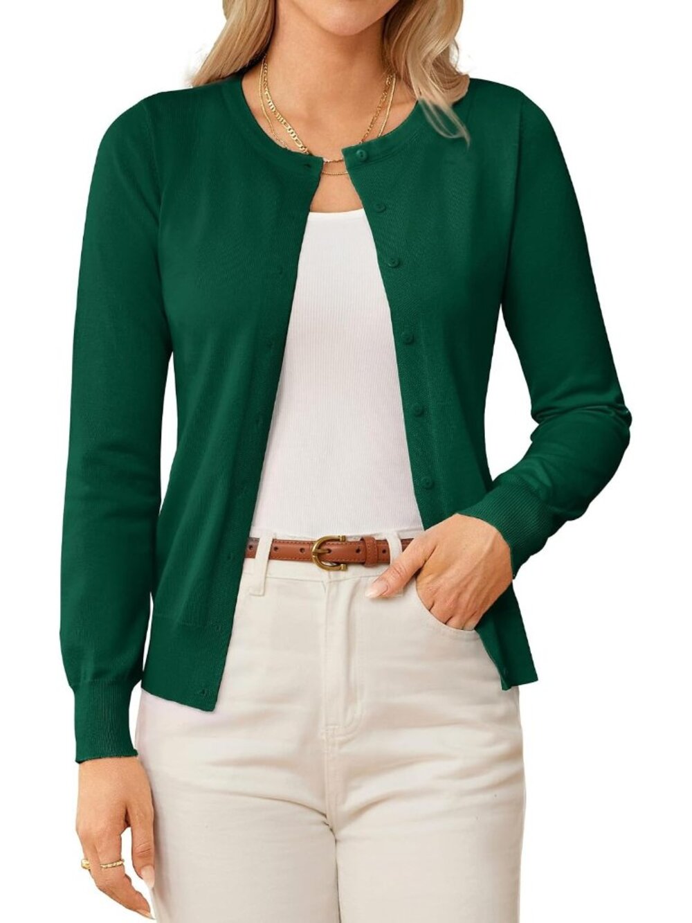 🆕Women's Dark Green Lightweight Knit Cardigan Sweater Crew Neck Button Front